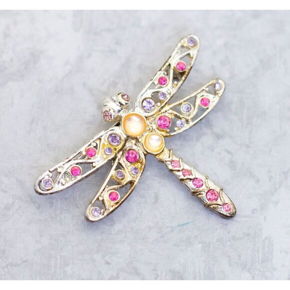 Vintage Dragonfly Insect Pink Rhinestone Silver Brooch - CM1 - Picture 1 of 2
